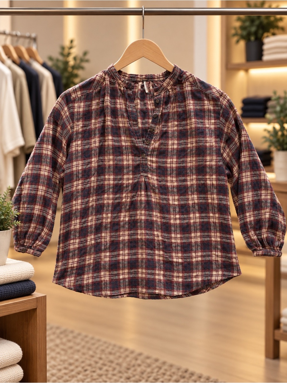 Free People Plaid Henley Top in Rust, Navy & Cream